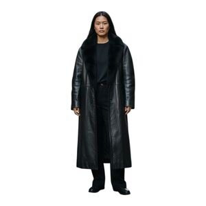 Le Baz Black Real Leather Long Coat with Faux Fur Collar Size S Paris NY London